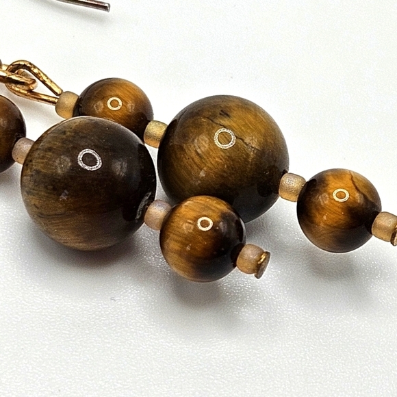 VINTAGE Tiger's Eye Three Bead Drop Dangle French Hook Earrings - Picture 5 of 5